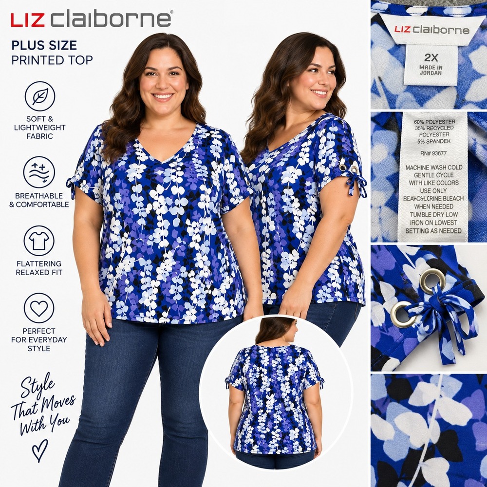 Liz Claiborne Women's 2X Blue Floral Blouse Short Flutter Sleeve V-Neck Shirt